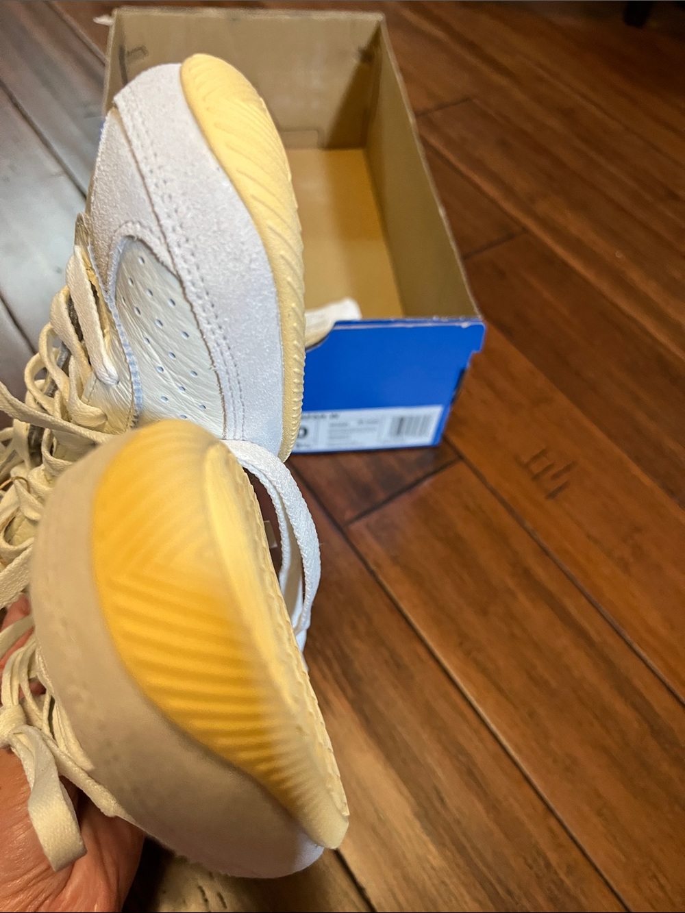adidas womens japan White Leather Sneakers with Blue Stripes and Yellow Gum Sole - Picture 14 of 14